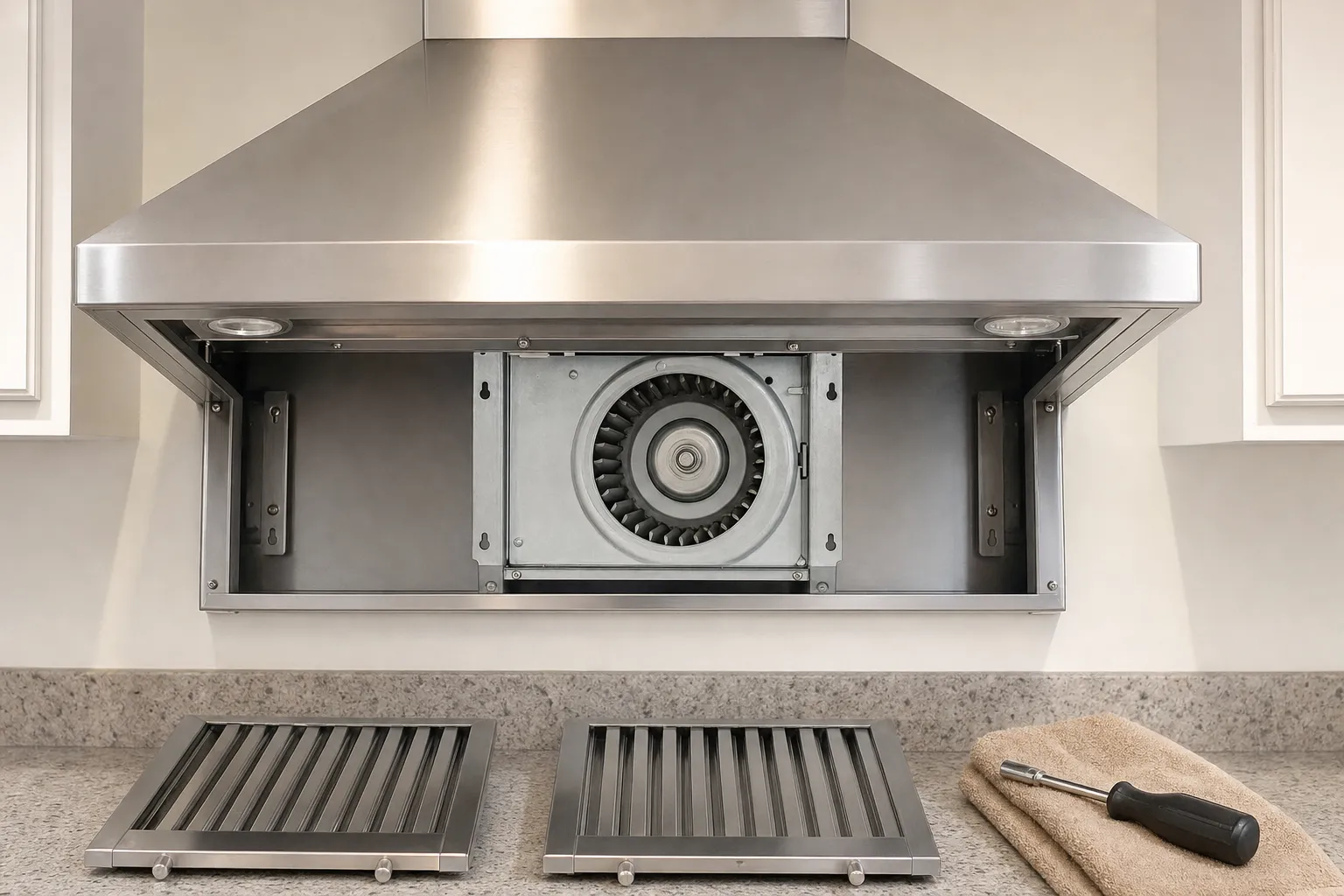 Wall-mounted range hood opened to show the blower wheel, with two baffle filters and a nut driver on the counter.